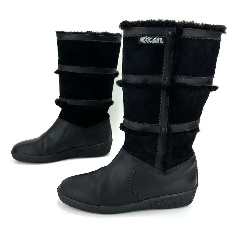 Dival Italy Elisa Black Winter Boot Sz 8 Leather Wool Lining Low Wedge Mid-Calf